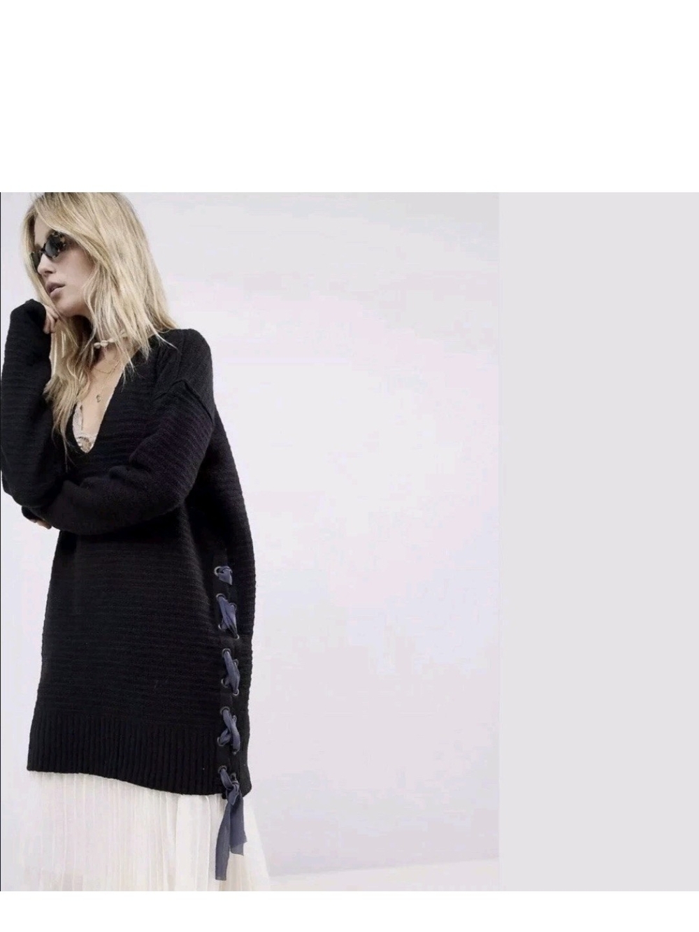 Free People Black Side-Tie V-Neck Knit Sweater Dress Size S